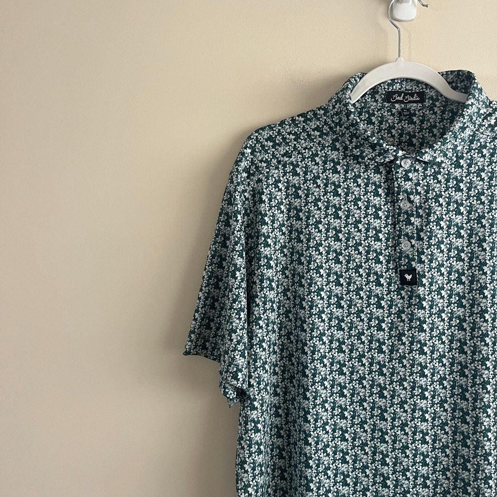 Bad Birdie Core Performance Golf Polo Green White Floral Print Stretch Mens XL - Picture 2 of 7